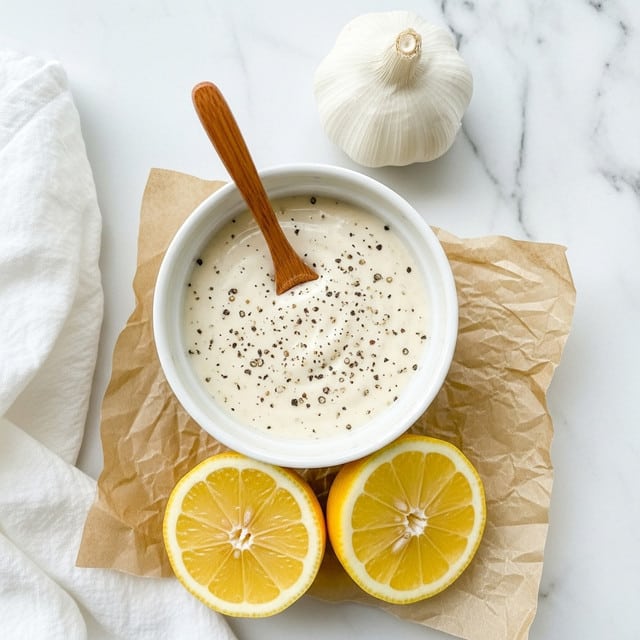 A small white bowl filled with creamy white sauce sprinkled with black pepper specks fills the center, with a small wooden spoon resting inside it. Next to the bowl, a whole white garlic bulb is placed above, while two bright yellow lemon halves sit below on crumpled light brown parchment paper. The whole setup rests on a white marbled surface with a soft white cloth corner visible in the lower left. photo taken with an iphone --ar 4:5 --v 7