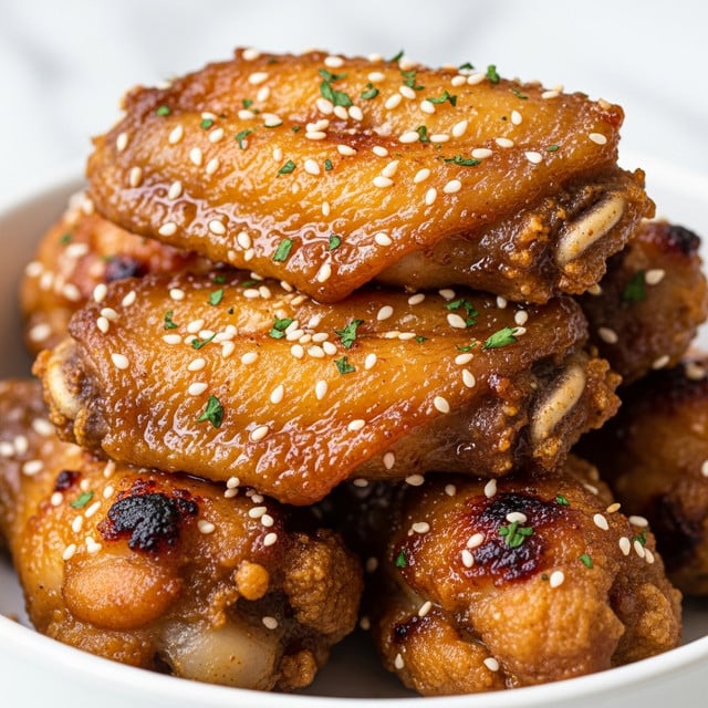 A close-up view of several pieces of golden-brown fried chicken wings stacked together in a white bowl. The wings are crispy with a shiny glaze coating that glistens, sprinkled with white sesame seeds and small bits of green herbs. The texture looks crunchy with some charred spots adding depth to the color, ranging from deep amber to light golden shades. The background is softly blurred with a white marbled texture barely visible. photo taken with an iphone --ar 4:5 --v 7