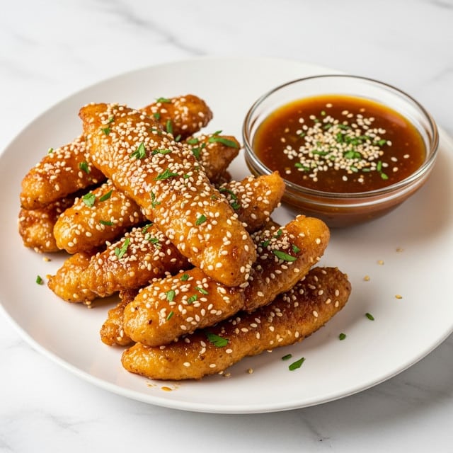 A white plate holds a stack of golden-brown crispy chicken strips layered in a slight pile, each piece coated with a glossy sticky sauce that sparkles under the light. The chicken pieces are sprinkled with white sesame seeds and finely chopped green herbs, adding texture and color contrast. Next to the chicken strips is a small clear glass bowl filled with a thick brown dipping sauce that has visible sesame seeds and herbs on top. The whole scene is set against a white marbled surface, giving a clean and bright look. photo taken with an iphone --ar 4:5 --v 7