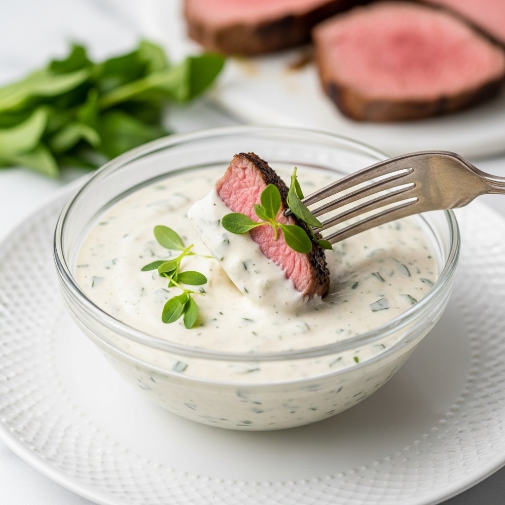 A glass bowl filled with thick, white creamy sauce speckled with green herbs sits on a white plate with a subtle texture. A piece of pink cooked meat held by a silver fork is dipped into the sauce, with some sauce clinging to the meat and small green herb leaves on top. In the background, there is more pink cooked meat and sprigs of green herbs, all resting on a white marbled surface. The image gives a close-up view of the dipping action and the texture of the sauce. photo taken with an iphone --ar 4:5 --v 7