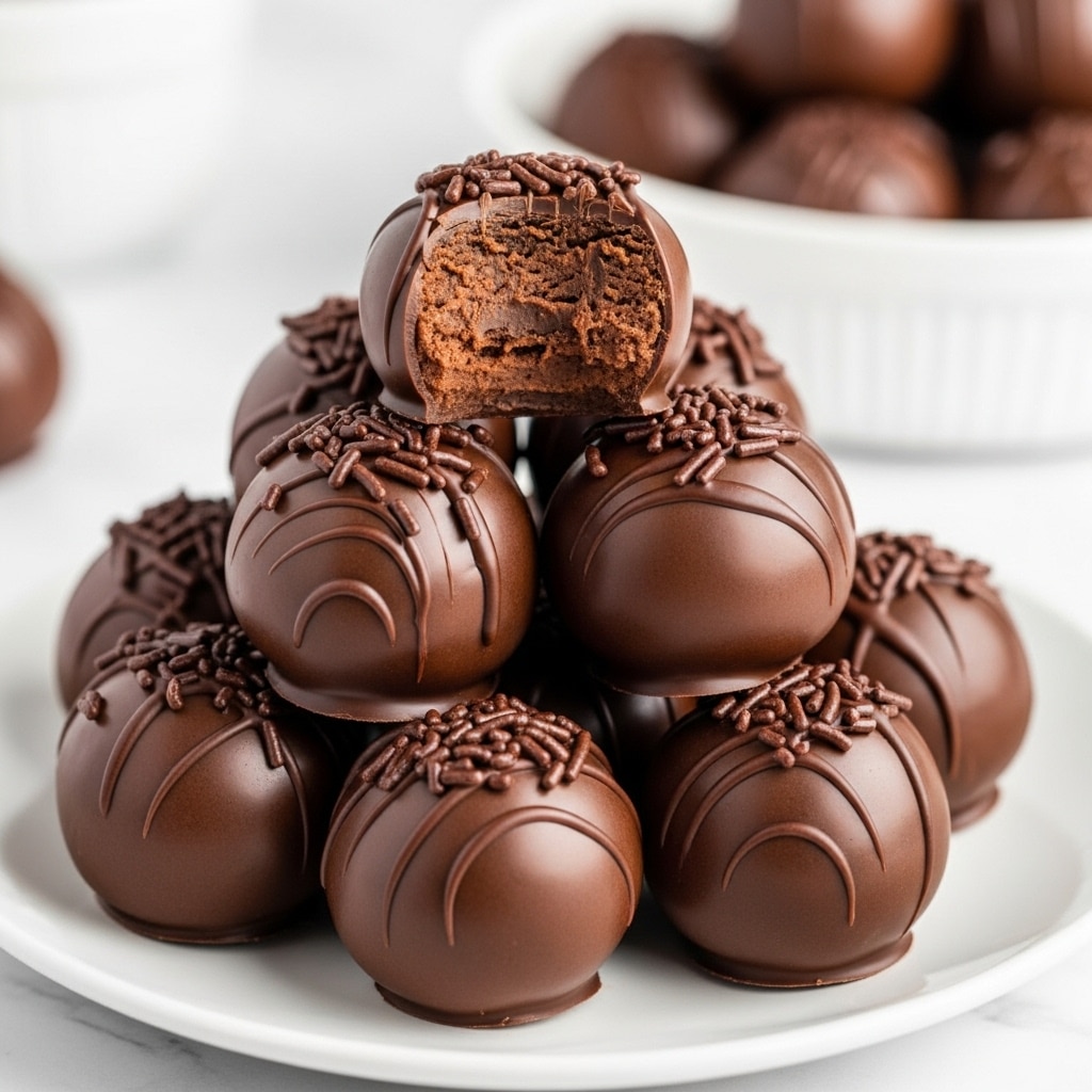 A close-up view of a stack of nine smooth, round chocolate truffles on a white plate on a white marbled surface. The truffles are dark brown with a glossy finish, each topped with small chocolate sprinkles. One truffle at the top-center has a bite taken out of it, showing a dense, rich, slightly crumbly dark brown filling inside with a moist texture. In the background, more truffles are visible in a white dish, softly blurred for depth. The overall scene is bright and clean, focusing on the rich texture and shine of the truffles. photo taken with an iphone --ar 4:5 --v 7