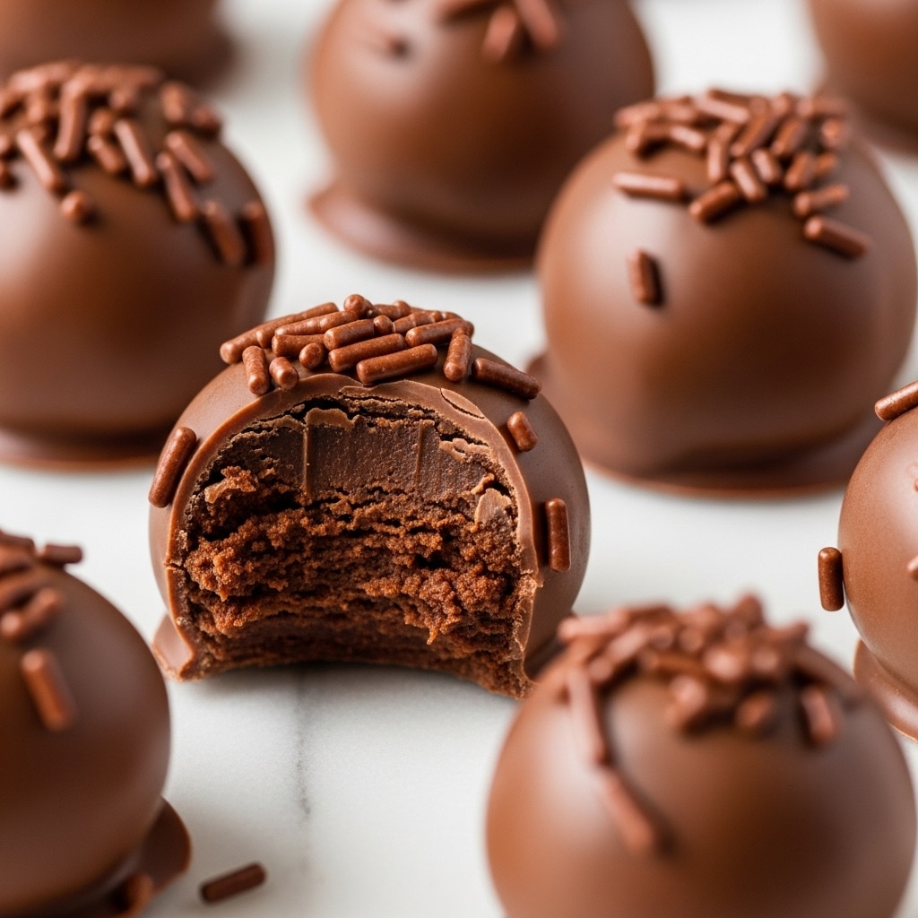 A close-up view shows several chocolate truffles, each round and coated smoothly in milk chocolate with small, thin chocolate sprinkles scattered on top. One truffle is bitten into, revealing a dense, moist, dark brown chocolate filling inside, which looks rich and slightly crumbly. The truffles rest on a surface with a white marbled texture. photo taken with an iphone --ar 4:5 --v 7