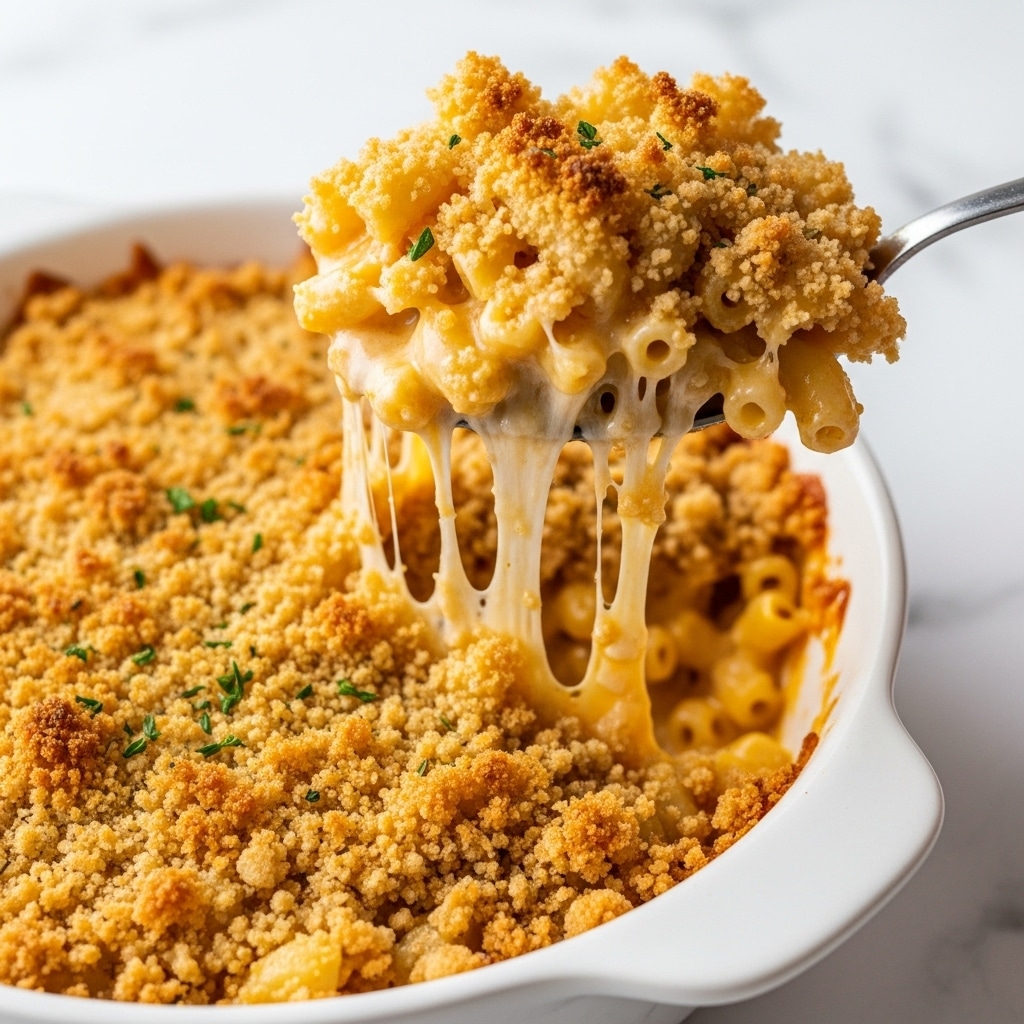 A spoon lifts a scoop of baked macaroni and cheese from a white dish on a white marbled surface. The top layer is a golden brown, crispy crust with bits of herbs scattered, showing a crumbly texture. Below, the cheese is melted, creamy, and gooey, stretching in thin strands from the dish to the scoop. The macaroni is coated in rich, shiny cheese sauce, giving a soft contrast to the crunchy top. Photo taken with an iphone --ar 4:5 --v 7