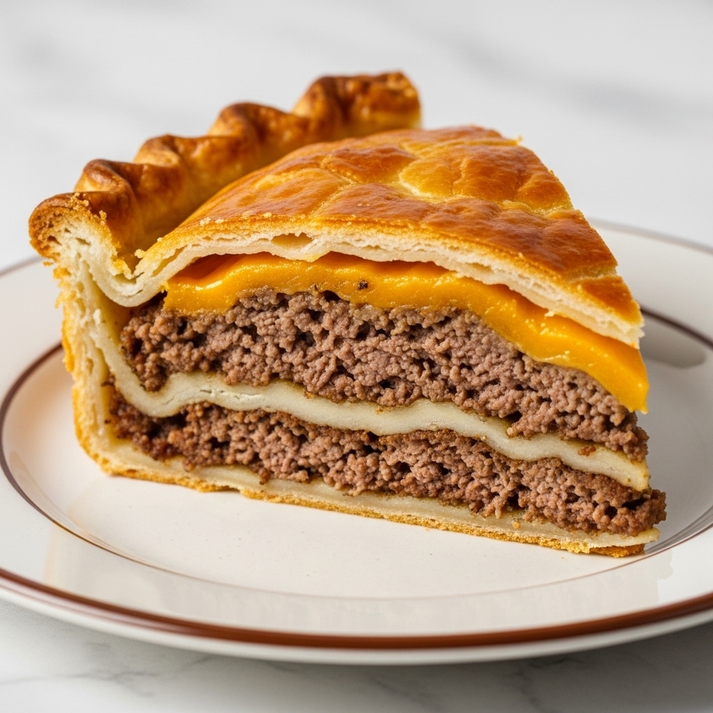 A close-up image of a slice of meat pie resting on a white plate with a brown rim. The pie has three visible layers: the bottom crust is golden and flaky, holding a thick layer of browned cooked ground meat in the middle, and topped with a melted layer of golden yellow cheese. The pie crust on the top is thick, puffed up, and glossy with a deep golden-brown color, showing a crispy, textured surface. The background is a white marbled texture with a warm yellowish light highlighting the pie’s rich colors. photo taken with an iphone --ar 4:5 --v 7