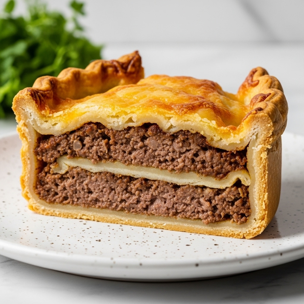 A close-up image of a thick slice of meat pie on a white plate with a speckled pattern, placed against a white marbled surface. The pie has three main visible layers: the bottom layer is a golden, flaky crust, the middle layer is a dense and juicy cooked ground beef filling with a rich brown color, and the top layer is a golden-brown baked cheese crust with a slightly crispy texture. The edges of the pie crust are crimped, showing a rough yet uniform pattern. In the blurred background, there is a small bunch of fresh green herbs adding a touch of color contrast. photo taken with an iphone --ar 4:5 --v 7