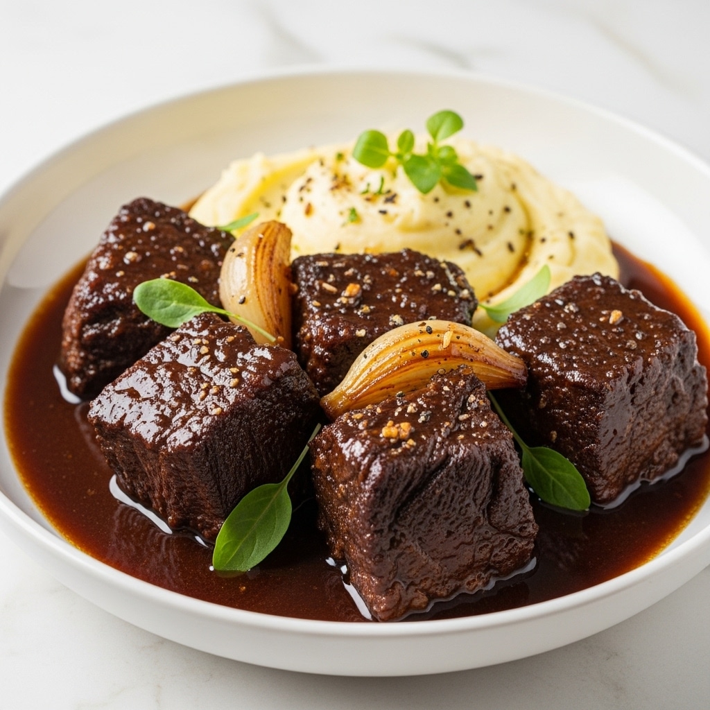 The dish shows four large, glossy dark brown braised beef chunks with a tender and juicy texture, sitting in a deep, rich brown sauce with some small green herb leaves and a golden-brown cooked onion nestled among the meat. Behind the beef, there is a generous scoop of smooth, creamy mashed potatoes, pale yellow with a soft texture, topped with a small green herb sprig and light seasoning. The food is served in a simple white bowl placed on a white marbled surface with a soft light that highlights the shiny meat and smooth mashed potatoes textures. photo taken with an iphone --ar 4:5 --v 7
