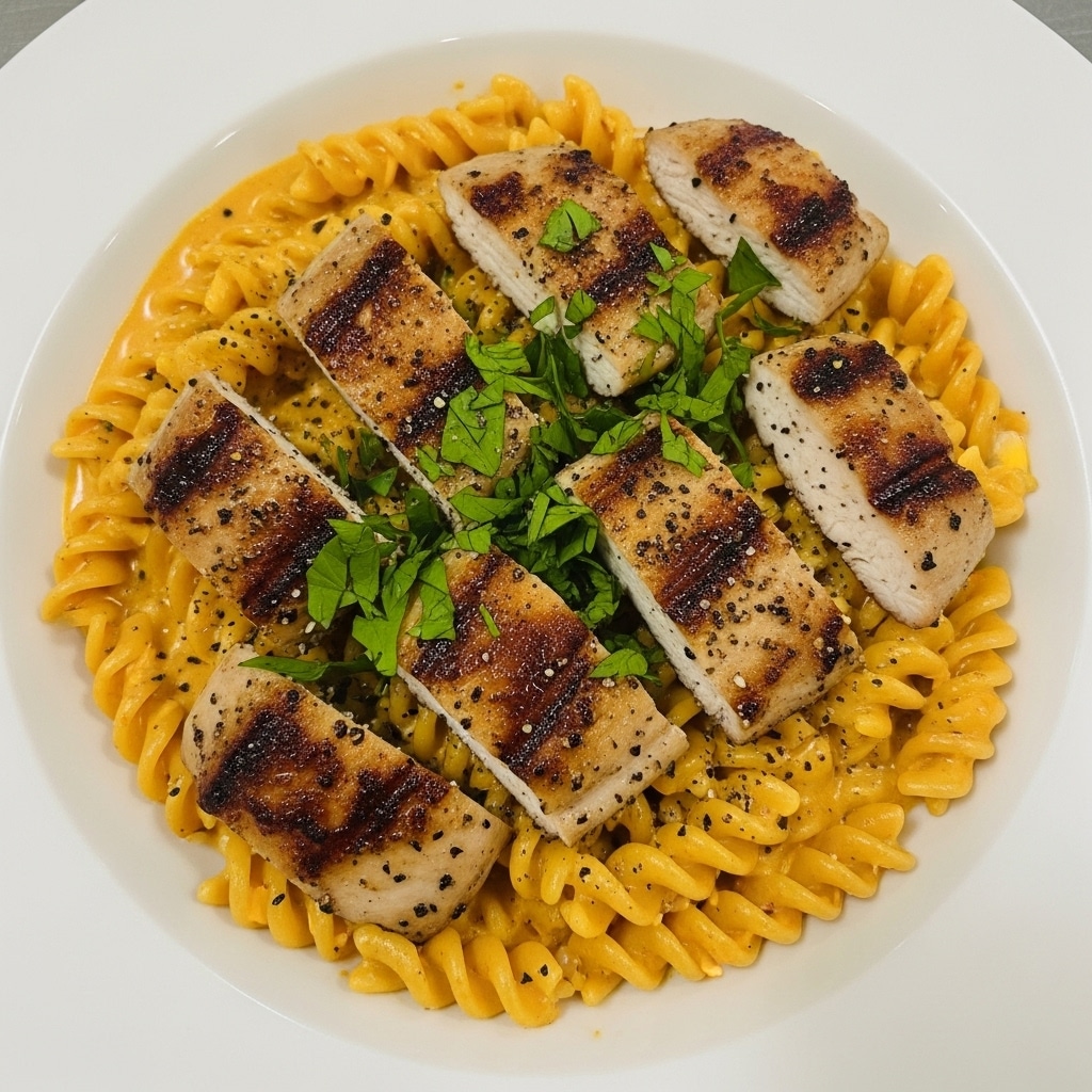 A white bowl filled with creamy pasta coated in a rich, light orange sauce, with spiral-shaped noodles forming the base layer. On top are several pieces of grilled chicken, browned and slightly charred, scattered evenly across the pasta. Bright green chopped herbs are sprinkled over the dish, adding a fresh contrast to the warm colors. Black pepper is also visible on the chicken and pasta, giving texture to the smooth sauce. The photo taken with an iphone --ar 4:5 --v 7