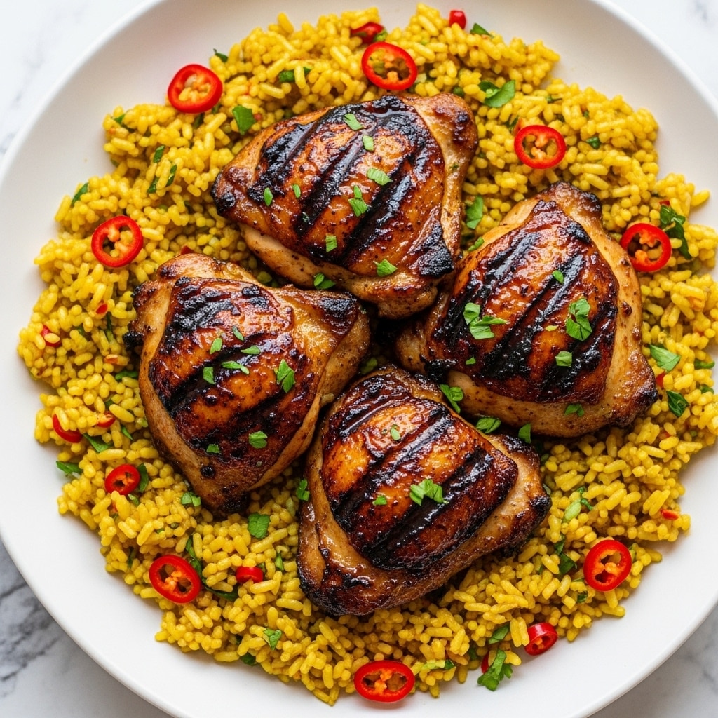 The dish shows a white plate filled with a thick layer of yellow rice mixed with small red chili slices and bits of green herbs, giving it a lively texture. On top of the rice are four pieces of grilled chicken thighs with a rich, dark brown char and crispy skin, smeared with a glossy glaze and sprinkled with finely chopped green herbs. The chicken pieces are arranged closely in the center of the plate. The plate sits on a surface with a white marbled texture. photo taken with an iphone --ar 4:5 --v 7