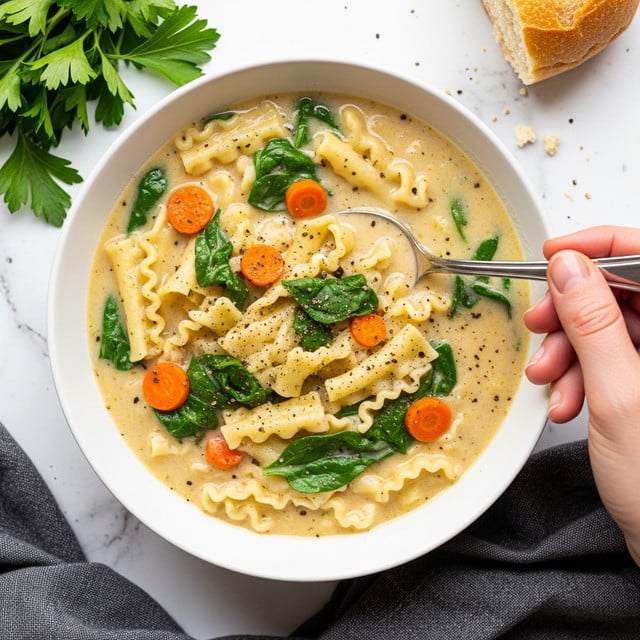 A white bowl filled with creamy soup that has a light beige base, mixed with green spinach leaves and small orange carrot pieces scattered throughout. The soup contains short, wavy pasta and is sprinkled with black pepper. A silver spoon rests in the bowl, held by a woman's hand on the right side of the image. The bowl sits on a white marbled surface with fresh green parsley leaves to the upper left and a piece of bread in the top right corner. A dark gray cloth is visible at the bottom edge. Photo taken with an iphone --ar 4:5 --v 7