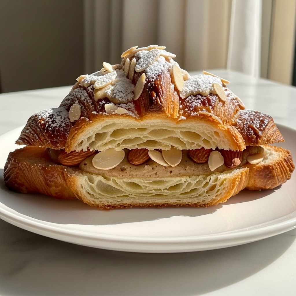 A golden brown flaky pastry ring is shown on a white plate, sitting on a white marbled surface. The pastry has many thin layers on the outside, with a shiny, crisp texture. It is topped with thin almond slices and a dusting of white powdered sugar, creating a light contrast on top. One section of the ring is cut open, exposing the inside filled with many layers of light, soft dough mixed with whole and sliced almonds, with a creamy filling binding them together. The image is taken near a window with natural light, highlighting the crispness and texture of the pastry. photo taken with an iphone --ar 4:5 --v 7