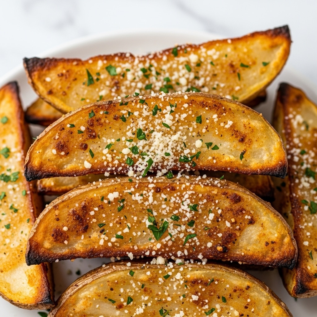 This close-up image shows several golden brown potato wedges stacked closely on a white plate. Each wedge has a crispy, crunchy outer layer with a mix of browned areas and a textured surface. They are sprinkled generously with finely grated white cheese and small green parsley flakes, adding color contrast. The edges of the wedges are rough and uneven, showing their well-roasted texture. The background is a white marbled texture, giving a clean and simple look. photo taken with an iphone --ar 4:5 --v 7
