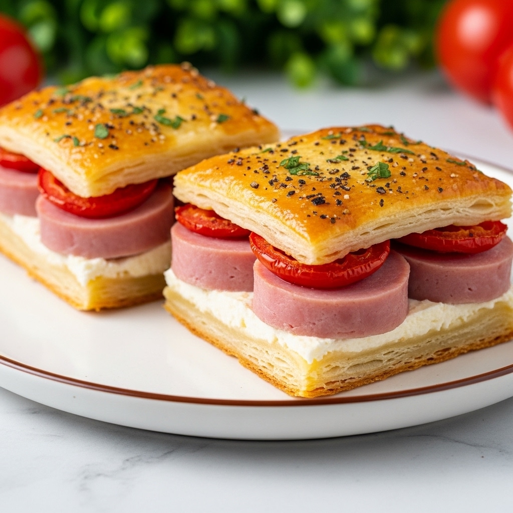 A close-up of two square puff pastry sandwiches stacked on a white plate, each with three visible layers of golden, flaky, and crispy pastry. Between the pastry layers are a thick slice of red tomato, a thin layer of white melted cheese, and a slice of pink cured meat with specks of seasoning. The top puff pastry layer is sprinkled with black pepper and fresh green herb bits. The white plate rests on a blue woven cloth and the background is a white marbled texture. photo taken with an iphone --ar 4:5 --v 7