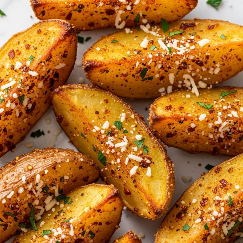The image shows a close-up of several potato wedges with crispy golden-brown skins and soft yellow insides. Each wedge is coated with a mix of reddish spices, small bits of white grated cheese, and tiny pieces of green herbs scattered evenly over the surface. The wedges have a rough texture with some edges looking crunchy. They are arranged together, filling the frame, with a white marbled texture barely visible in the background. photo taken with an iphone --ar 4:5 --v 7