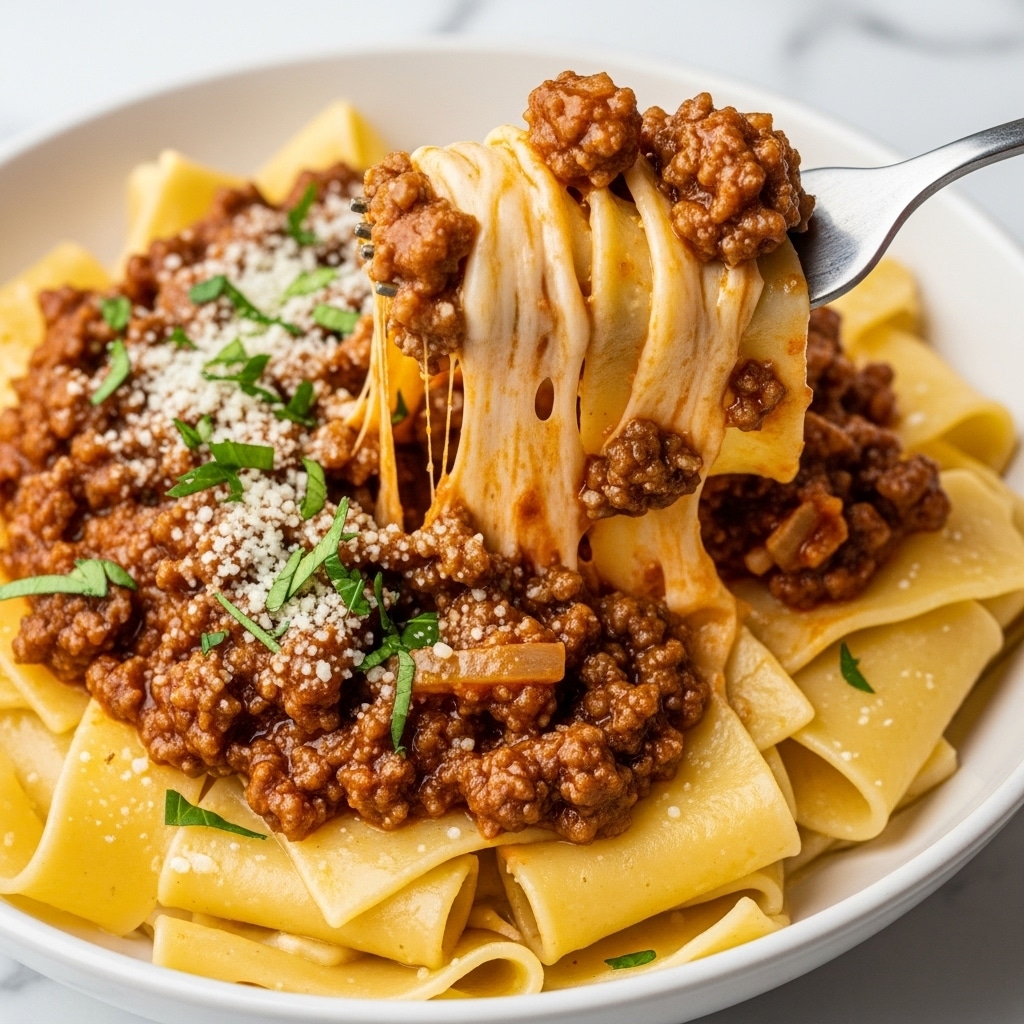 The image shows a close-up of creamy pasta in a white bowl with wide, flat noodles forming the base layer, light yellow in color and smooth in texture. On top, there is a generous layer of browned ground meat sauce with a slightly chunky texture, mixed with melted cheese strings pulling up from the pasta, creating a stretchy, gooey effect. This is sprinkled with finely chopped green herbs and grated cheese for a fresh and textured finish. A metal fork is lifting a bite, showing the layers clearly with the melted cheese stretching between the fork and the pasta. The background is a white marbled surface. Photo taken with an iphone --ar 4:5 --v 7