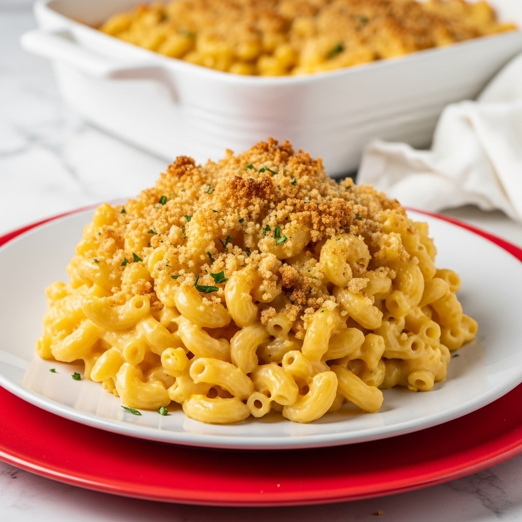 A serving of baked macaroni and cheese is piled high on a round white plate with a glossy red surface. The top layer is golden brown and crispy from toasted breadcrumbs, scattered unevenly with hints of green herbs. Below this is a thick, creamy layer of elbow macaroni coated in a smooth, rich, pale yellow cheese sauce, giving the dish a soft and gooey texture. In the background, a white baking dish filled with the remaining macaroni and cheese sits on a white marbled surface with a white cloth nearby. photo taken with an iphone --ar 4:5 --v 7
