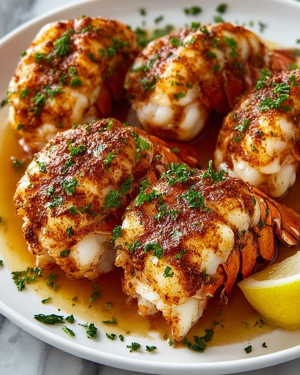 A close-up view of five large pieces of cooked lobster tails arranged tightly on a white plate, each lobster tail showing white, tender meat with a slight curve, topped with a rich reddish-brown seasoning and small green parsley bits scattered on and around the lobsters. The plate has a pool of reddish, oily sauce underneath, and a lemon wedge sits in the lower right corner. The background is a white marbled texture. photo taken with an iphone --ar 4:5 --v 7