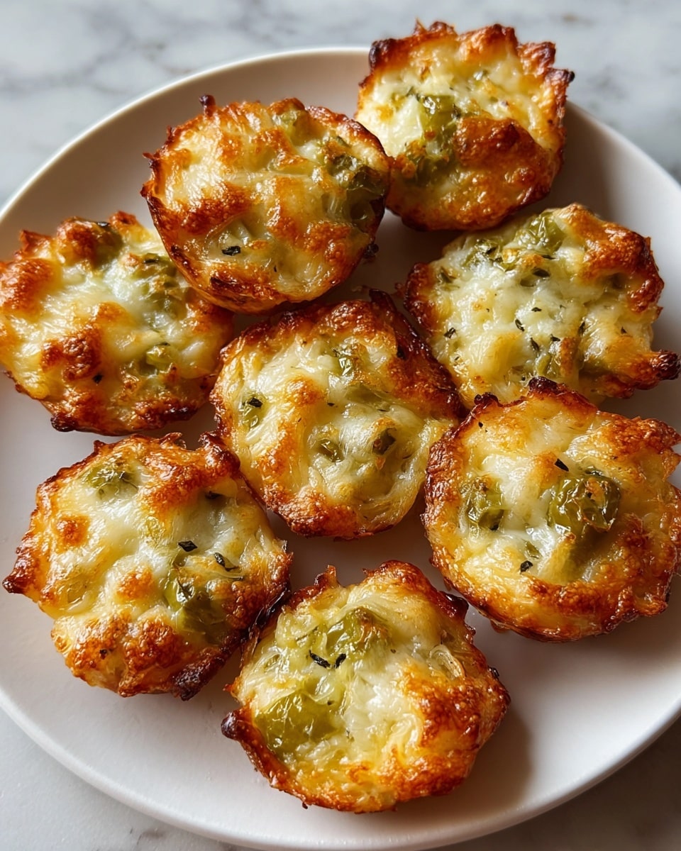 A close-up of nine small, round cheese bites arranged closely on a white plate. Each bite has one visible layer composed of melted golden cheese mixed with pieces of green peppers, creating a warm, bubbly texture with slightly browned, crispy edges. The cheese looks soft and gooey in the middle with some herbs sprinkled inside. The plate rests on a white marbled surface, enhancing the warm colors of the cheese bites. photo taken with an iphone --ar 4:5 --v 7