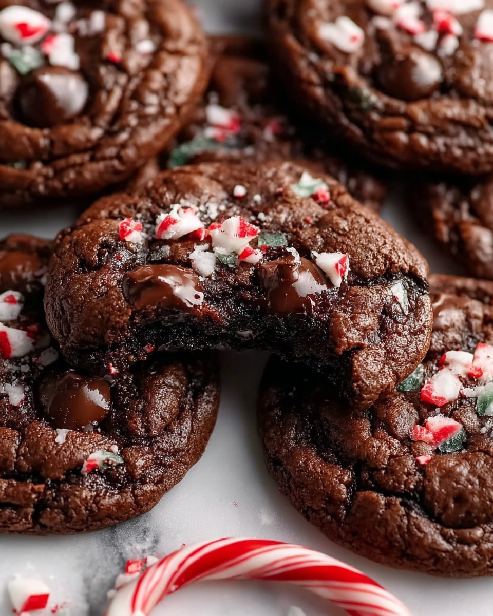 The image shows several rich, dark brown chocolate cookies with a slightly cracked surface and a soft, gooey center visible in the cookie with a bite taken out of it. Each cookie is topped with small chunks of crushed red and white peppermint candy and a glossy, melted chocolate chip nestled into the top. The cookies are placed closely on a white marbled surface, with a small red and white striped candy cane lying nearby. The texture of the cookies looks moist and dense, with a shiny top layer from the melted chocolate. Photo taken with an iphone --ar 4:5 --v 7