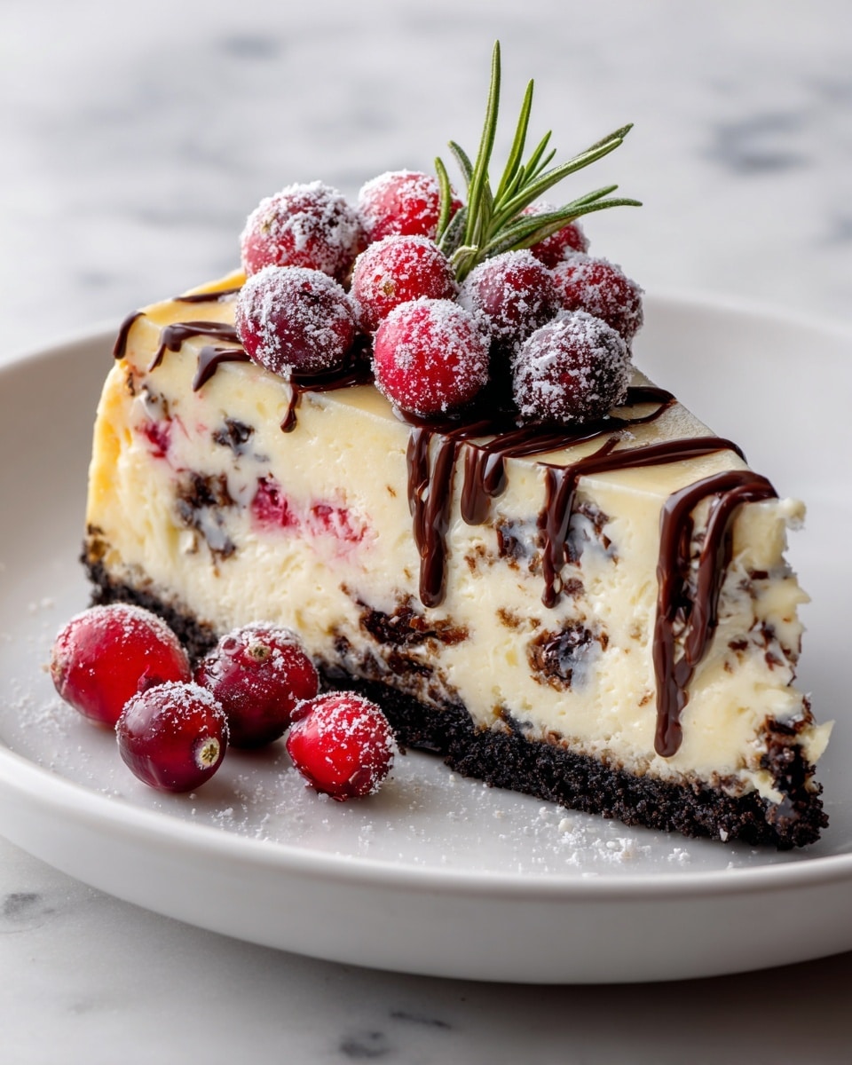 A slice of cheesecake sits on a white plate against a white marbled textured background. The dessert has three main layers: a dark crumbly cookie base at the bottom, a thick creamy cheesecake layer with swirls of red cranberry filling and bits of chocolate throughout, and a smooth top layer drizzled with dark chocolate sauce. On top, there is a cluster of fresh red cranberries dusted lightly with powdered sugar, and a small sprig of green rosemary for decoration. Extra cranberries are placed nearby on the plate, enhancing the festive look. photo taken with an iphone --ar 4:5 --v 7