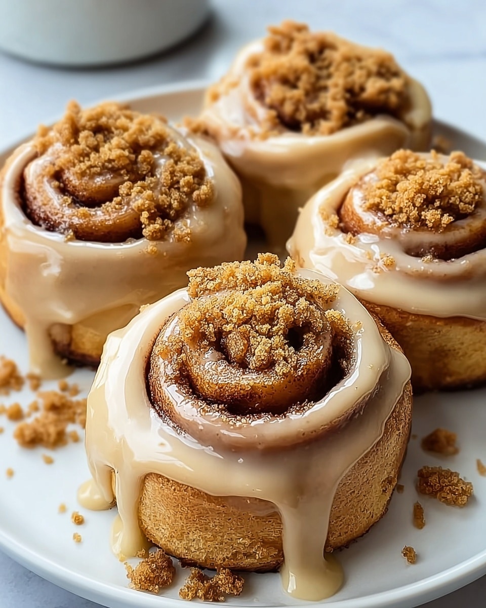 Four cinnamon rolls sit close together on a white plate, each roll showing a soft brown spiral dough base. A thick layer of creamy beige icing covers the top and sides of every roll, dripping slowly down the edges. On top of each roll, a small pile of crumbly brown sugar topping adds texture and contrast. The plate rests on a white marbled surface, emphasizing the warm colors of the cinnamon rolls. Photo taken with an iphone --ar 4:5 --v 7