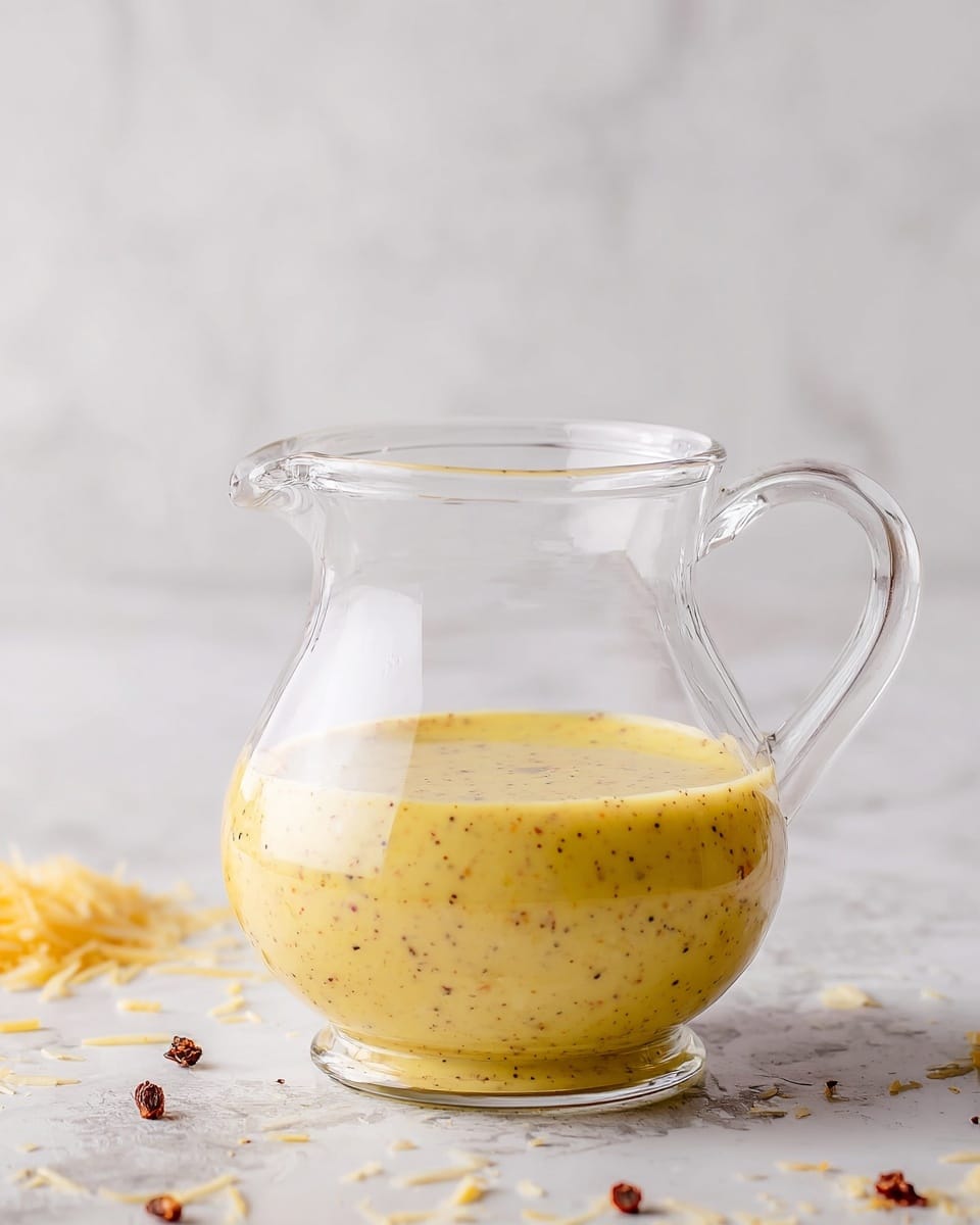 The image shows a close-up top view of a food processor bowl filled with a smooth, thick yellow sauce mixed with small black and red specks throughout. The sauce has a creamy texture and appears evenly blended. A curved metal blade is centered in the bowl, partially covered by the sauce. The bowl is clear, allowing a good view of the sauce inside, and it is placed on a white marbled surface. photo taken with an iphone --ar 4:5 --v 7