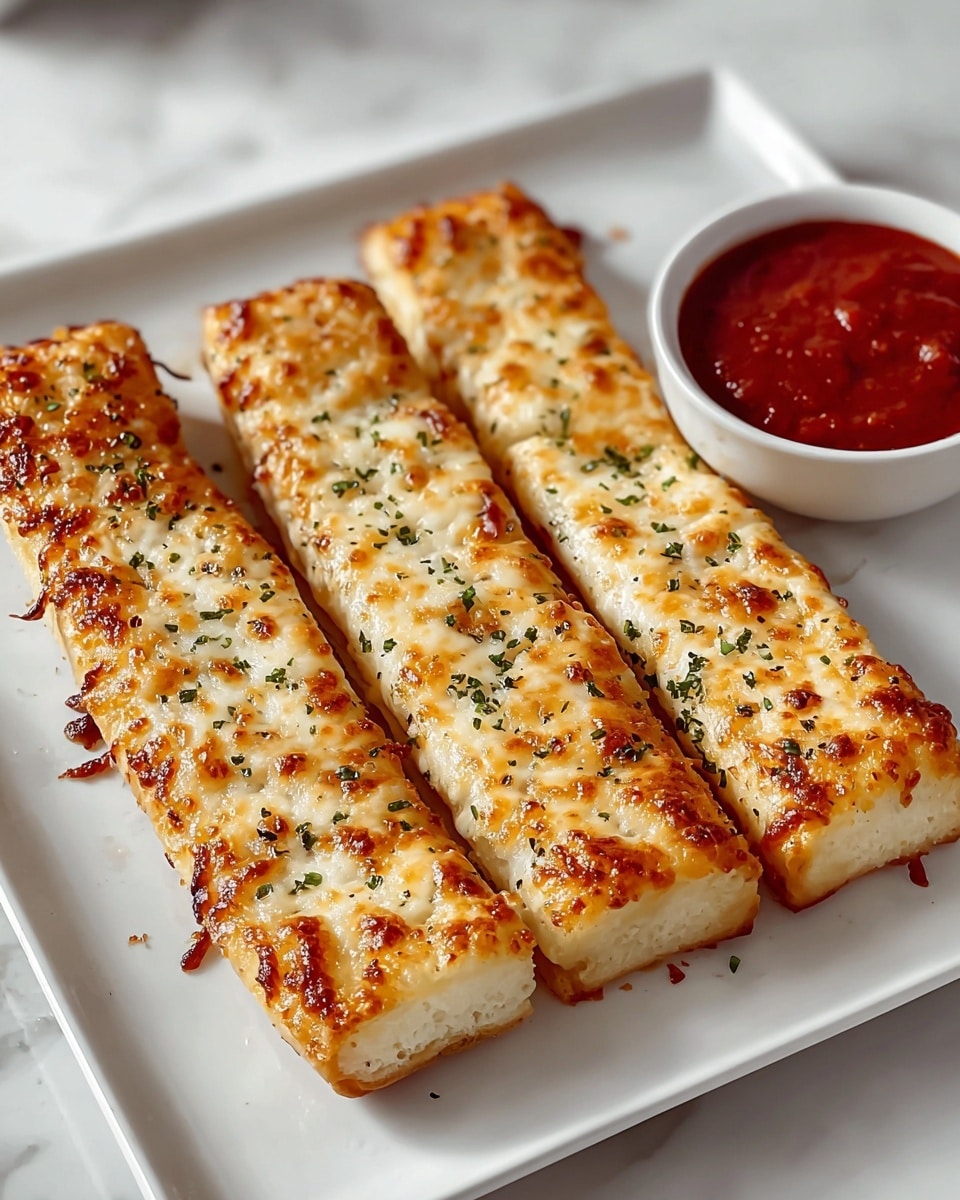 The image shows four golden-brown garlic breadsticks arranged side by side on a white rectangular plate. Each breadstick has a toasted top with a bubbly texture covered in melted cheese and sprinkled with small green herb flakes. The bread underneath looks soft and white. In the back right corner of the plate, there is a small white bowl filled with red marinara sauce. The plate sits on a white marbled surface with soft lighting highlighting the crispiness of the breadsticks. photo taken with an iphone --ar 4:5 --v 7
