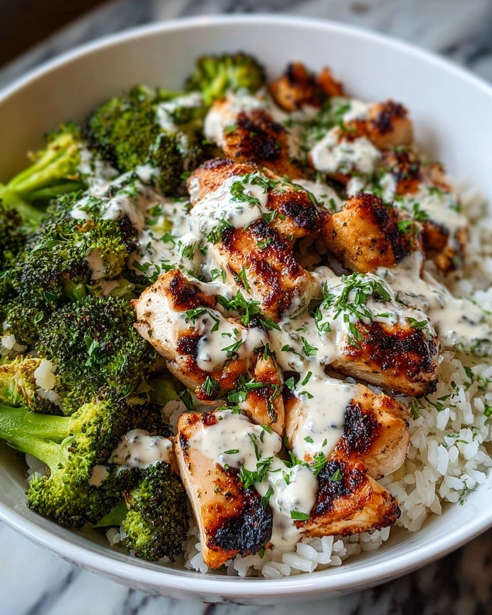 A white bowl filled with a base layer of soft white rice, topped with vibrant green broccoli florets that are slightly cooked and tender. On top of the broccoli and rice, there are several pieces of golden-brown grilled chicken with charred grill marks. The grilled chicken is drizzled with a creamy white sauce speckled with herbs, and sprinkled with fresh green chopped herbs for garnish, adding a fresh look. The bowl sits on a white marbled surface. photo taken with an iphone --ar 4:5 --v 7