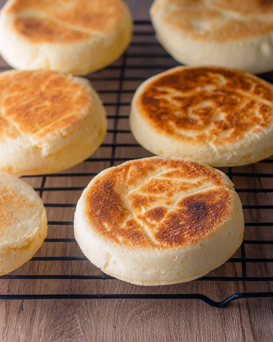 The image shows several round English muffins cooling on a black wire rack. Each muffin has a lightly browned top with a golden crust and a soft, pale edge that is slightly thicker. The muffins have a few small crumbs and faint texture lines on their surface, indicating a soft and airy inside. The wire rack sits on a wooden table, but the background should be imagined as a white marbled texture. The muffins are arranged so their tops face up, showcasing a warm golden color that contrasts with the pale sides. photo taken with an iphone --ar 4:5 --v 7