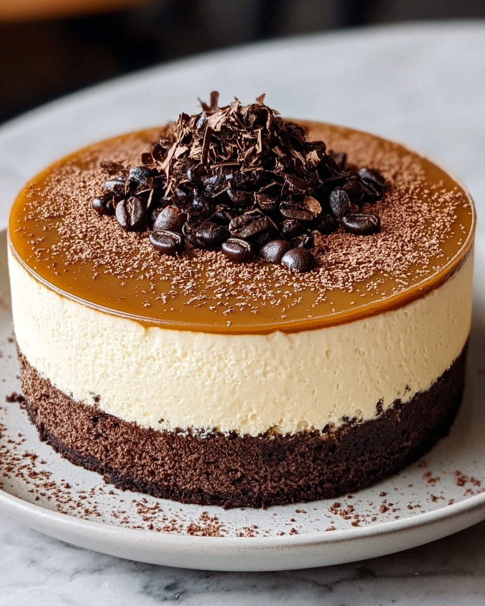 A three-layer round cake is shown close-up with a smooth bottom layer of dark brown crumb crust, a thick middle layer of creamy off-white mousse with a soft texture, and a thin top layer of shiny caramel-colored glaze. The top is sprinkled lightly with fine cocoa powder. In the center, there is a small mound of dark chocolate shavings mixed with whole dark roasted coffee beans. The cake sits on a white plate placed on a white marbled surface. Photo taken with an iphone --ar 4:5 --v 7