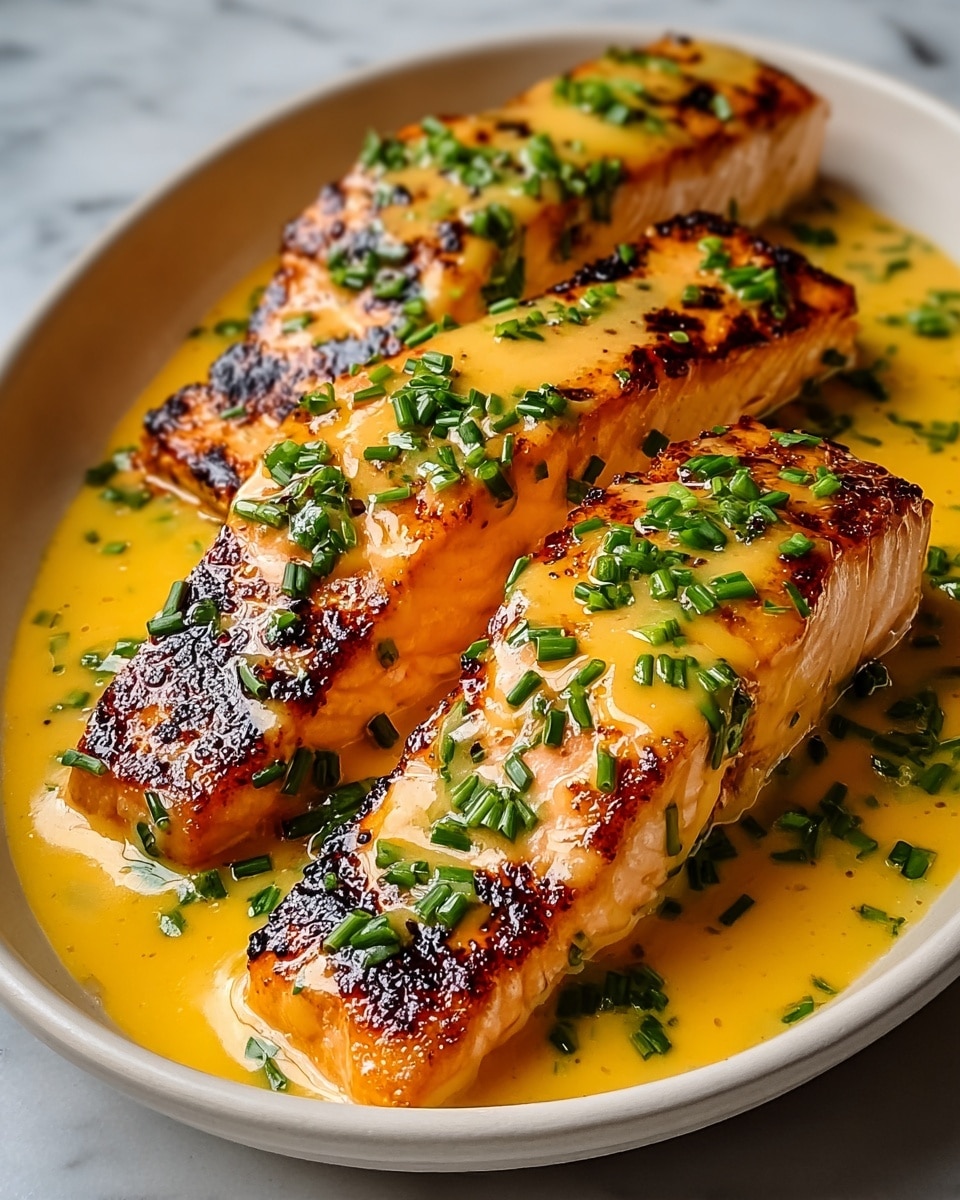 The image shows several grilled salmon fillets placed inside a white dish. Each fillet has a golden-brown crispy skin on top with visible char marks and a soft pink flesh underneath. The fillets are generously coated with a thick yellow sauce that glistens under the light, pooling slightly at the base. Bright green chopped herbs, likely chives, are sprinkled over the top of the sauce, adding a fresh contrast to the warm colors of the salmon and sauce. The dish sits on a white marbled surface, making the rich colors of the food stand out. photo taken with an iphone --ar 4:5 --v 7