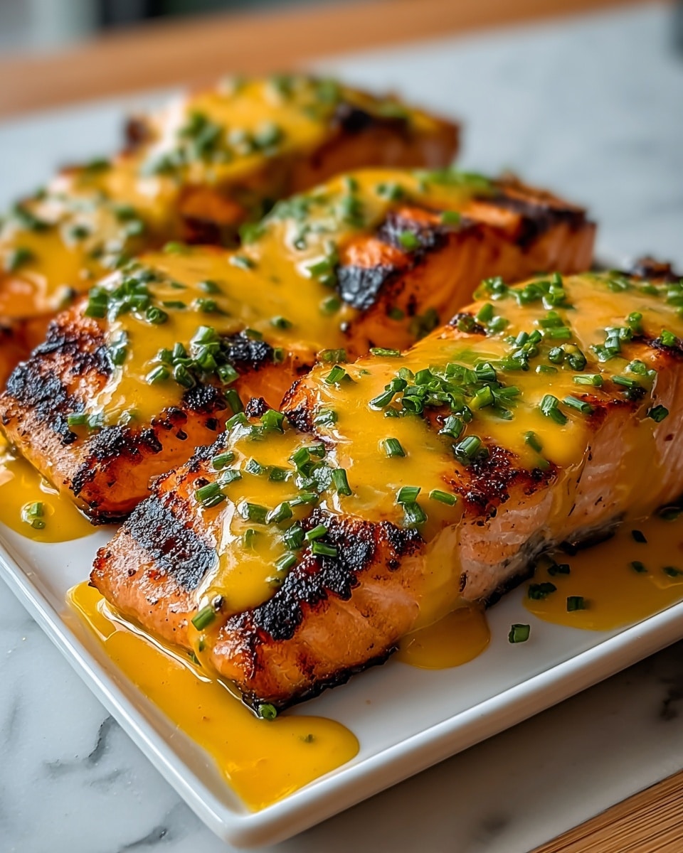 The image shows several thick, grilled salmon fillets placed close together on a white rectangular plate. Each fillet has a crispy, dark brown seared top layer with visible grill marks and charred edges. A smooth, bright yellow-orange sauce generously covers the tops and drips down the sides of the salmon pieces, pooling slightly on the plate. Finely chopped green herbs, likely chives, are sprinkled over the sauce, adding a fresh green color contrast on top of the warm tones. The plate sits on a wooden surface with a white marbled background softly blurred. Photo taken with an iphone --ar 4:5 --v 7