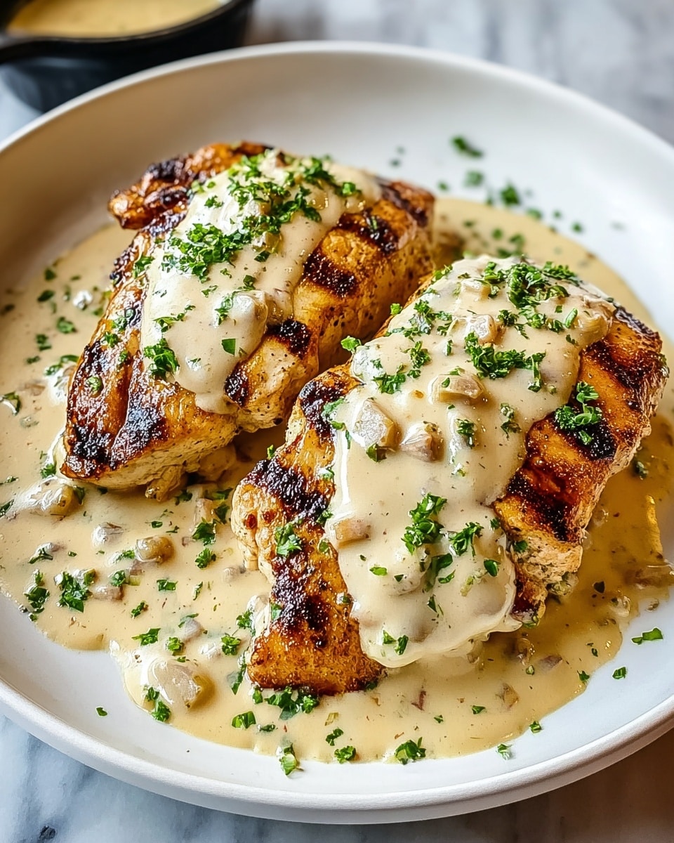 Two pieces of golden brown grilled chicken are placed side by side on a white plate, each covered with a thick layer of creamy beige sauce with visible small chunks and bits. The sauce pools around the bottom of the chicken, garnished with finely chopped green herbs sprinkled on top and around the plate edges. The chicken's grilled texture is visible beneath the sauce, with some char marks adding contrast. The plate rests on a white marbled surface. photo taken with an iphone --ar 4:5 --v 7