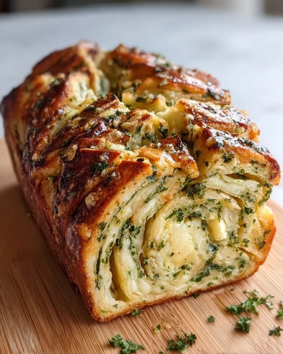 The image shows a loaf of garlic and herb bread on a wooden board with two slices cut from the front. The bread has a golden brown crust with a slightly crispy texture, and the inside is soft and airy with visible layers of chopped green herbs and melted white cheese spread throughout. The loaf is thick and fluffy with a twisted, pull-apart shape that reveals the herb and cheese filling inside each section. The wooden board sits on a white marbled surface near a window with soft natural light shining on the bread. photo taken with an iphone --ar 4:5 --v 7