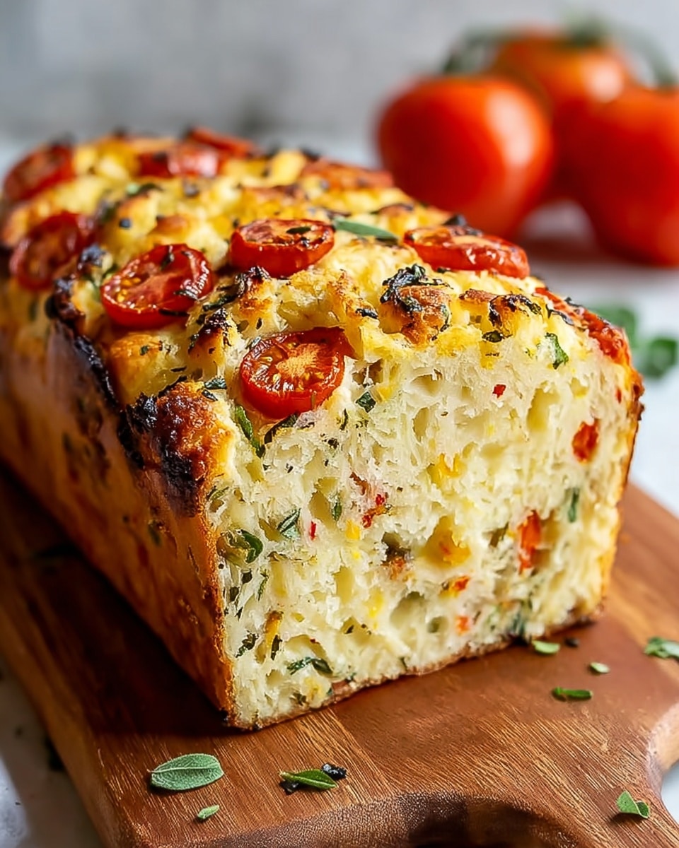 Three thick slices of bread are lined up, each slice showing a soft, light yellow inside with small air holes, dotted with bright red cherry tomato pieces and dark green herb leaves. The crust is golden brown with a slightly crispy texture, framing each slice. They rest on a wooden board with a white marbled surface in the background, and blurred red tomatoes and green herb leaves can be seen further back. photo taken with an iphone --ar 4:5 --v 7