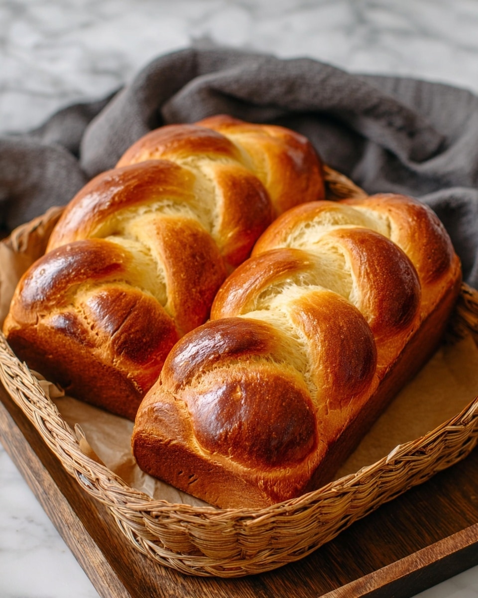 The image shows two golden brown braided loaves of bread with a shiny, slightly crusty top, placed in a round wicker basket lined with light brown parchment paper. Each loaf has three thick braided layers with a soft, fluffy texture inside visible between the braids. The basket is set on a wooden tray with a rustic look. A dark gray cloth is casually draped behind the bread. The background is a white marbled texture. photo taken with an iphone --ar 4:5 --v 7