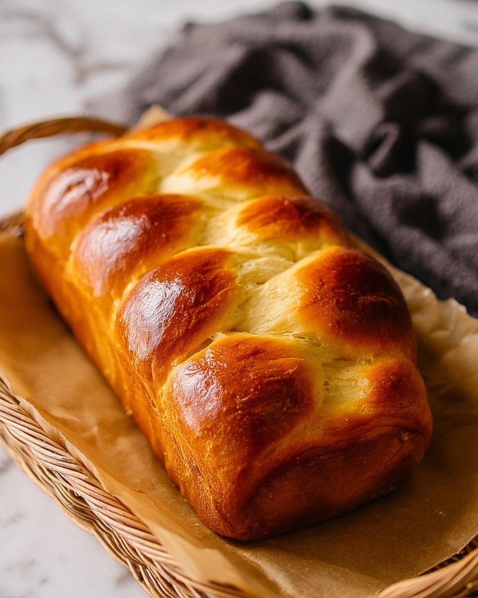 A golden-brown braided loaf resting on brown parchment paper inside a rustic wicker basket, showing eight shiny, soft, and slightly puffed segments with a glossy crust that reflects the light. In the background, there is a dark gray cloth casually folded, placed on a white marbled surface. The bread looks warm and freshly baked, with a smooth texture and slight cracks at the edges where the segments meet. photo taken with an iphone --ar 4:5 --v 7