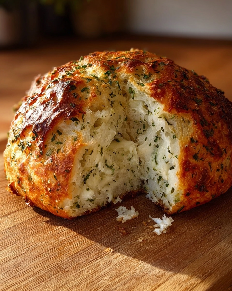A round loaf of garlic bread sits on a wooden cutting board placed on a white marbled surface, with one thick slice cut and laid in front, showing a soft yellow inside filled with small green herb flakes and bits of garlic. The crust is golden brown with some darker toasted spots and a rough, textured surface. Bits of green herbs are scattered on and around the bread, with a few garlic cloves resting beside it. The background is softly blurred, highlighting the bread's fresh and hearty look. photo taken with an iphone --ar 4:5 --v 7