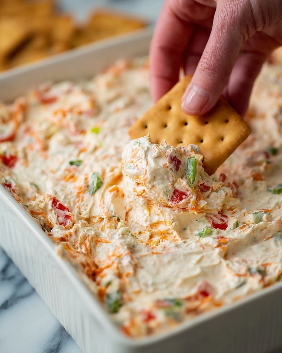 The image shows a close-up of a thick, creamy dip filled with small pieces of red, green, and orange vegetables, giving it a colorful and chunky texture. The dip has a base of smooth white cream and is spread evenly in a white rectangular dish. A woman's hand is holding a light brown square cracker with holes, scooping some of the dip, which clings softly with visible bits of vegetables. The background is a white marbled surface. Photo taken with an iphone --ar 4:5 --v 7