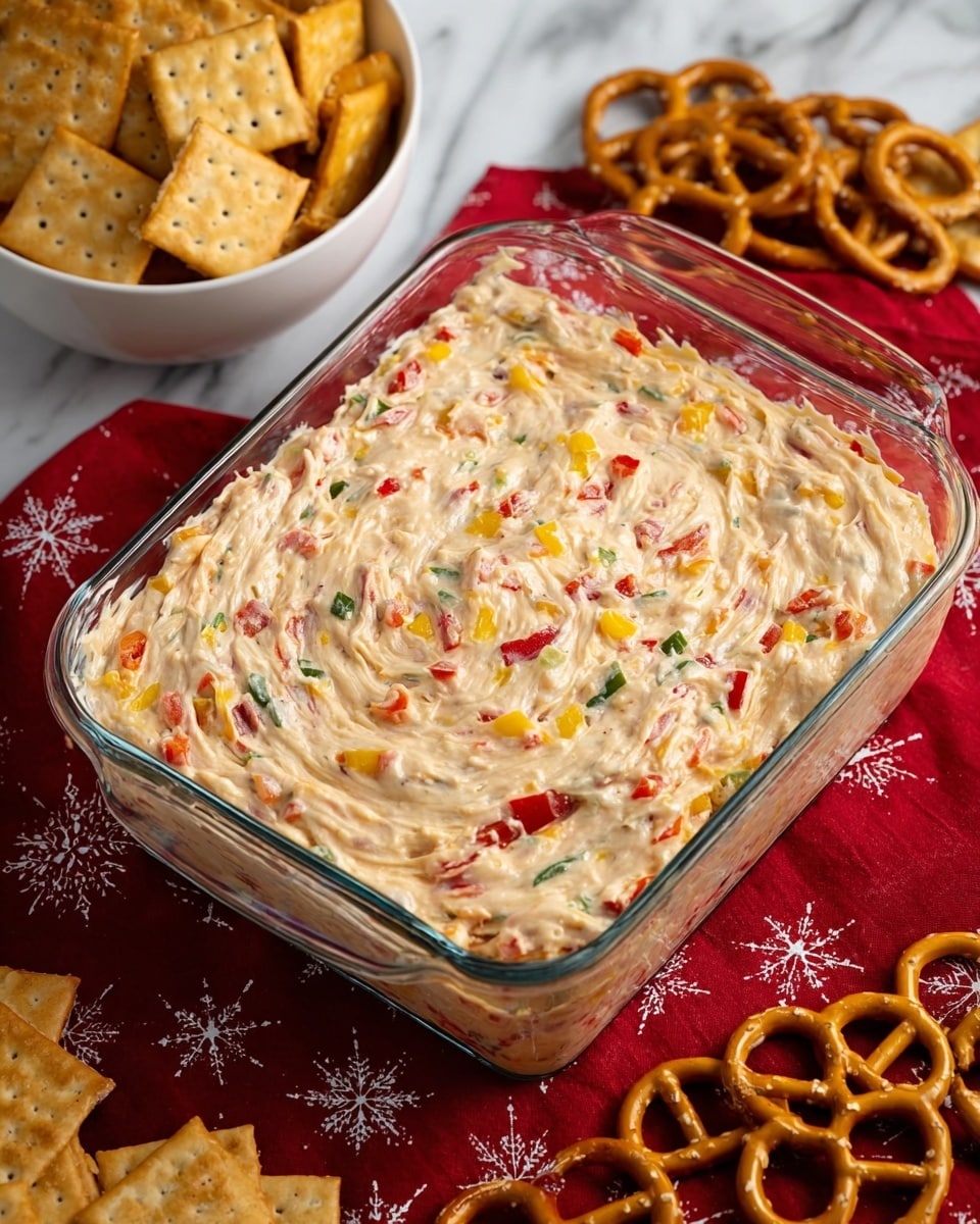 A rectangular glass dish filled with a creamy, light beige spread mixed with small, colorful pieces of red, yellow, and green vegetables, giving the surface a textured and slightly swirled look. The glass dish is set on a red cloth with white snowflake patterns, placed on a white marbled surface. Around it, there is a white bowl filled with square, light brown crackers on the left, and some golden-brown pretzels scattered on the right. photo taken with an iphone --ar 4:5 --v 7