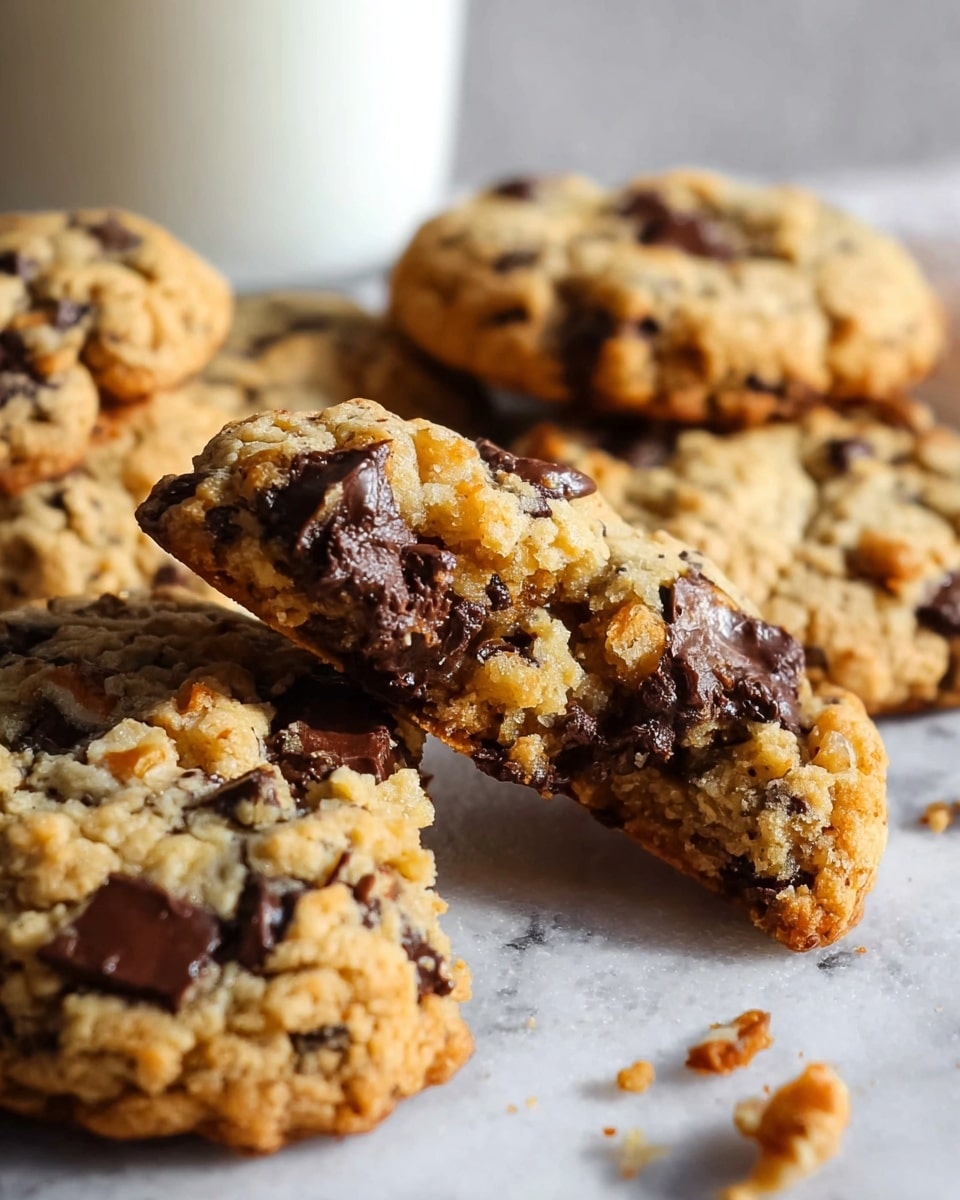 The image shows a close-up of soft chocolate chip cookies arranged on a white marbled surface, with one cookie broken in half leaning against another cookie in the center. The cookies have a rough, crumbly texture with visible chunks of dark brown melted chocolate and small pieces of nuts spread throughout the golden-brown dough. The lighting highlights the moist interior of the broken cookie and the slightly crispy edges, with a blurred background that suggests more cookies and possibly a glass of milk. There are small crumbs scattered around the cookies on the white marbled surface. photo taken with an iphone --ar 4:5 --v 7