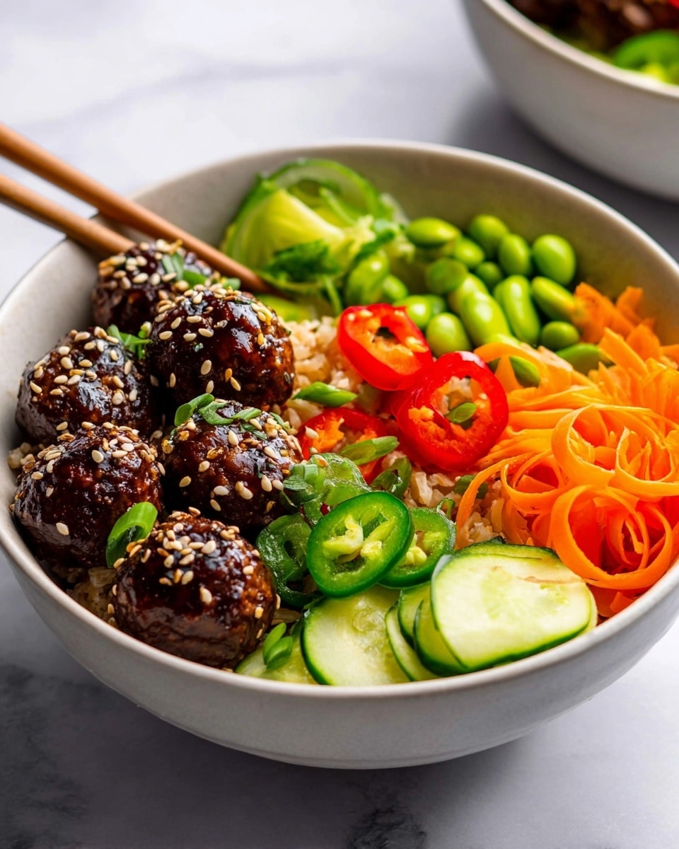 A white bowl filled with a colorful mixture of food layers on a white marbled surface. The bottom layer is light brown rice, partially hidden under the other ingredients. On the left side, a pile of glossy dark brown meatballs covered with sesame seeds sits stacked in two layers. In front of them, bright green slices of fresh jalapeños and cucumber are placed neatly. Towards the back right, thin, long ribbons of orange carrot curls are combined with a small pile of green edamame beans. Finally, bright red slices of chili pepper decorate the top middle part of the bowl. Photo taken with an iphone --ar 4:5 --v 7