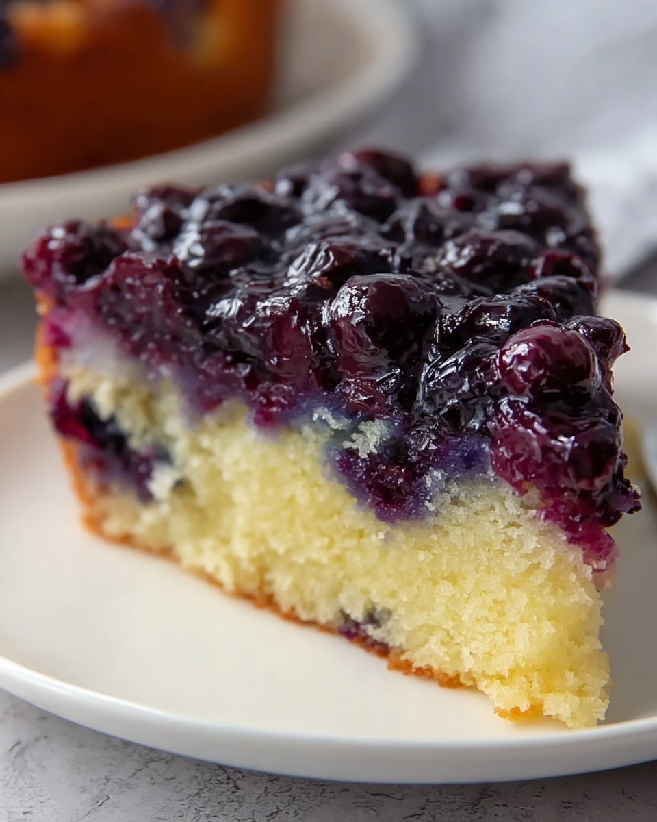 A close-up of a slice of blueberry cake on a white plate showing two clear layers: the bottom layer is a soft, light yellow cake with a moist texture, and the top layer is a glossy, deep purple blueberry topping filled with whole shiny blueberries and a thick, jelly-like glaze. The white marbled texture surface beneath the plate adds a clean look to the image. Photo taken with an iphone --ar 4:5 --v 7