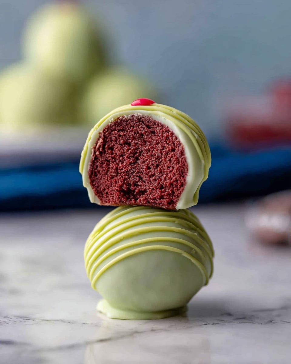 The image shows two round cake balls stacked on a white marbled surface. Each cake ball has a smooth, light green coating with thin darker green decorative lines drizzled on top. The top cake ball is cut in half, revealing a deep red, soft, and dense cake layer inside. A small red circle detail is visible between the two cake balls, adding a pop of color. The background is softly blurred with hints of green round objects and blue shapes. The photo taken with an iphone --ar 4:5 --v 7