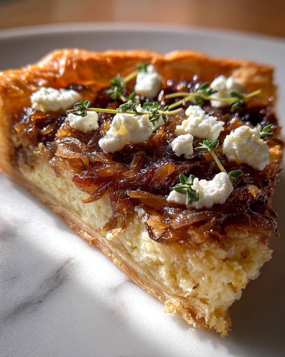 A close-up of a single slice of tart on a white plate, showing three main layers: at the bottom, a thick, flaky, golden-brown crust with a slightly airy texture; in the middle, a layer of caramelized, dark golden to brown onions with a glossy, soft appearance; on top, scattered dollops of white, crumbly cheese and small sprigs of fresh green thyme, adding texture and color contrast. The tart is set on a white marbled surface, with warm natural light highlighting the glossiness and crisp edges. Photo taken with an iphone --ar 4:5 --v 7