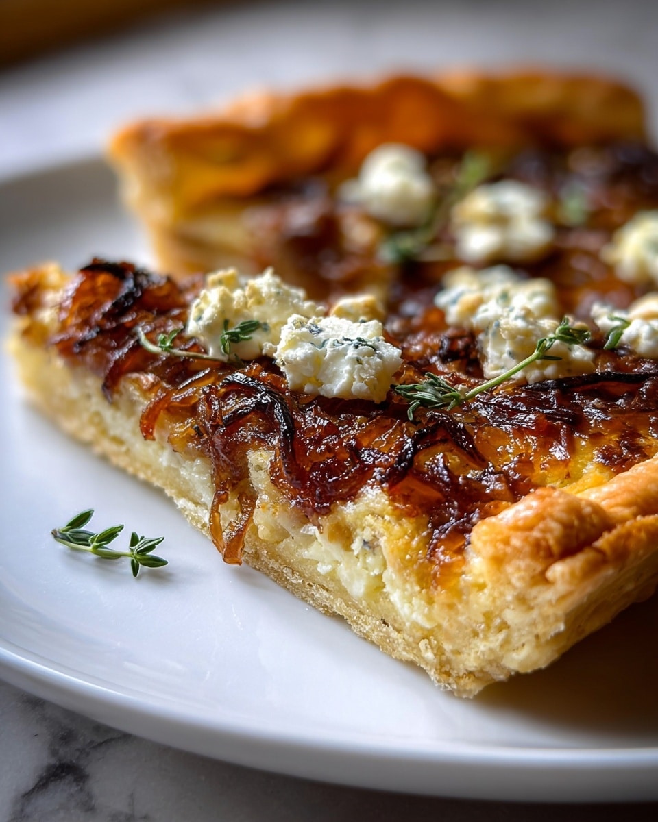 A close-up of a slice of tart on a white plate, showing three layers: the base is a golden brown, flaky crust with a puffed texture; the middle layer consists of caramelized onions in deep amber and brown shades, spread evenly but with some charred edges; the top layer has white, crumbly cheese scattered in chunks, dotted with small green thyme leaves and sprigs. The photo is bright, with a softly blurred background and the tart placed on a surface of white marbled texture. photo taken with an iphone --ar 4:5 --v 7