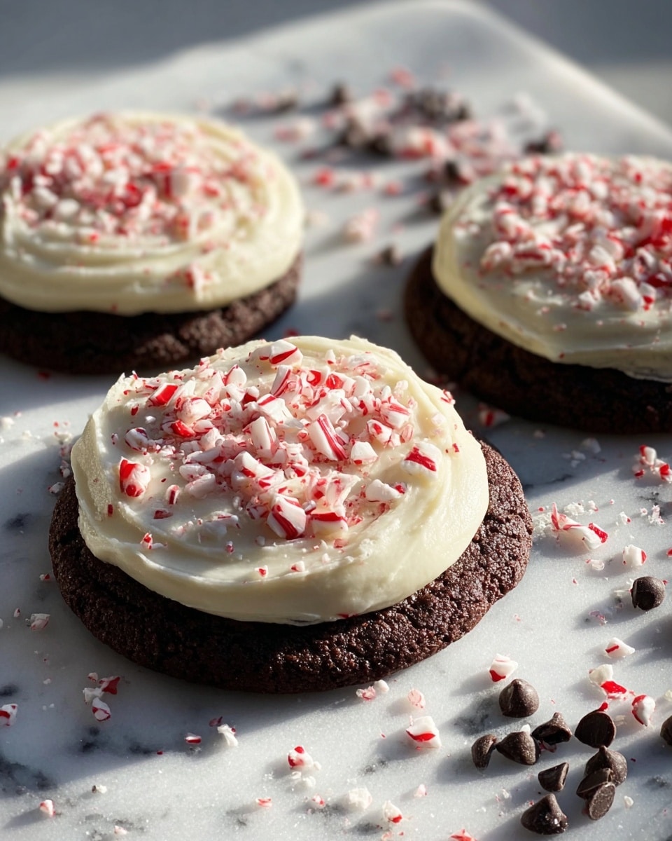 The image shows close-up chocolate cookies with three layers: a dark brown soft cookie base with a slightly cracked texture, a thick smooth layer of white frosting on top covering the entire cookie, and crushed red and white peppermint candy sprinkled over the frosting. One cookie in the foreground has a bite taken out, revealing a gooey darker chocolate filling inside. The cookies are placed on a white marbled surface with some scattered peppermint pieces and chocolate chips around them. The lighting casts soft shadows, emphasizing the creamy frosting and moist cookie texture. photo taken with an iphone --ar 4:5 --v 7