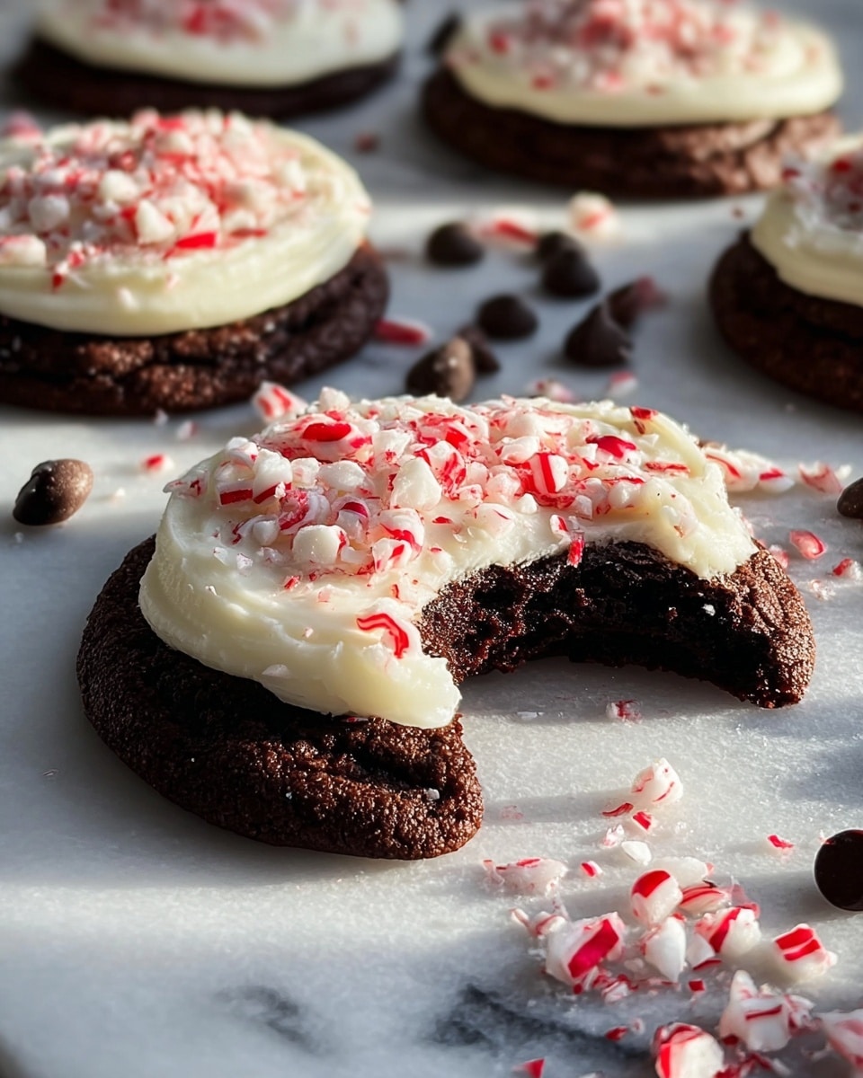 Three round chocolate cookies, each topped with a thick, smooth layer of creamy, white frosting. The frosting is sprinkled generously with small, crushed pieces of red-and-white peppermint candy. The cookies rest on a white marbled surface with scattered chocolate chips and peppermint bits around them. Soft natural light creates gentle shadows, enhancing the texture of the cookies and frosting. photo taken with an iphone --ar 4:5 --v 7