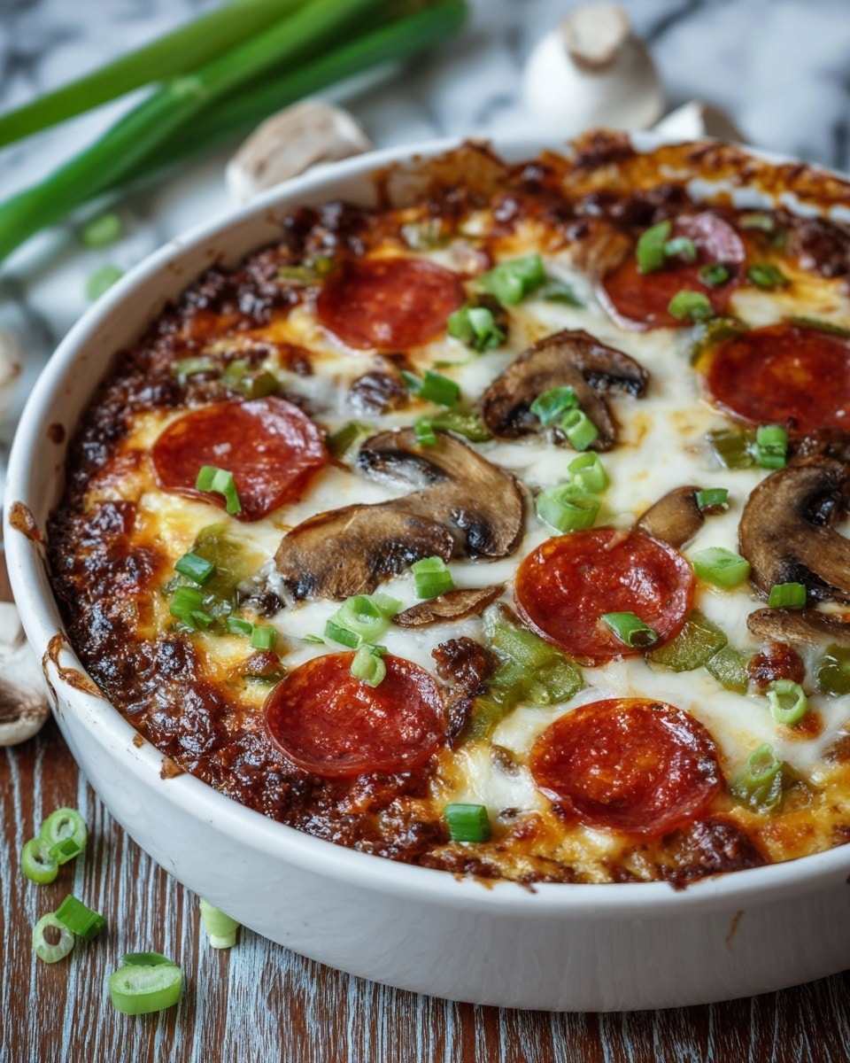 This dish is a baked casserole served in a deep white round dish with crispy edges coated with melted cheese and browned bits. The bottom layer is a thick mixture of ground beef and sauce, dark reddish-brown in color with a slightly chunky texture. Above this is a thick, bubbly layer of melted white cheese that covers the entire top. Scattered on top are vibrant red pepperoni slices, light brown cooked mushroom slices with darker edges, and green bell pepper pieces, adding colorful contrast. The finishing touch is thinly sliced green onions sprinkled over the top for a fresh look. The dish sits on a wooden surface with a white marbled background and a green onion piece nearby. photo taken with an iphone --ar 4:5 --v 7