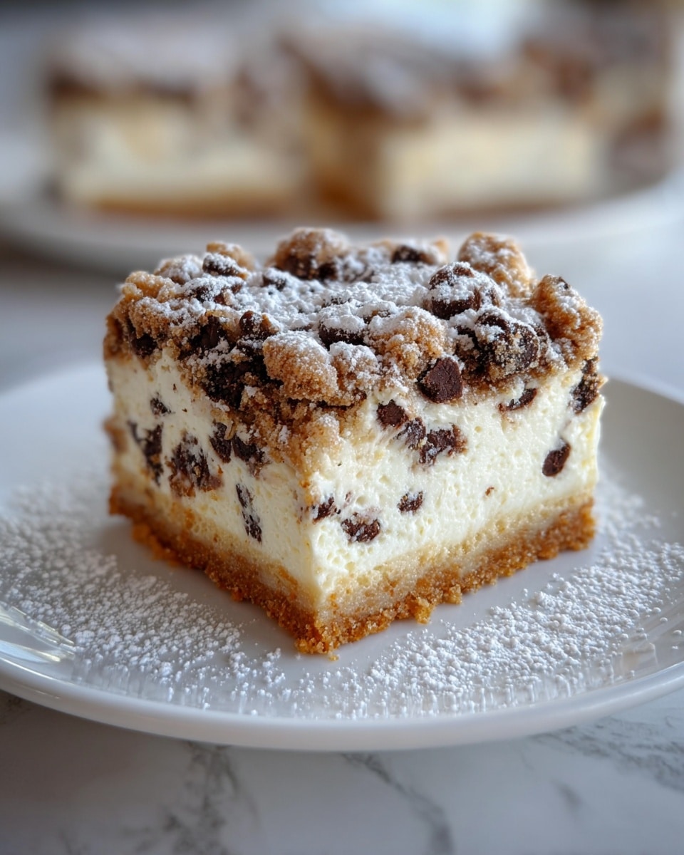 A close-up of a square dessert with three visible layers on a white plate, set on a white marbled texture. The bottom layer is a thin, golden-brown crumb crust with a slightly rough texture. The middle layer is a thick, creamy white cheesecake filled with small, dark chocolate chips scattered throughout. The top layer is a crumbly, golden-brown streusel mixed with more chocolate chips and dusted generously with powdered sugar, some of which is also scattered on the plate around the dessert. In the background, there are blurred slices of the same dessert on another white plate. photo taken with an iphone --ar 4:5 --v 7