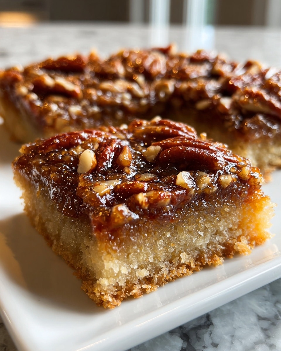 The image shows a close-up of a square pecan dessert bar on a white plate, featuring two distinct layers: the bottom layer is light golden brown with a crumbly, cake-like texture, and the top layer is a glossy, caramel-colored pecan topping with whole pecans and small nut pieces embedded in a sticky, shiny glaze. The surface behind the plate has a white marbled texture. Photo taken with an iphone --ar 4:5 --v 7